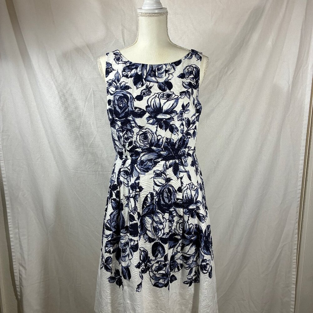 Talbots Petites Blue White Floral Rose Cotton Matelasse Fit Flare Dress 6P